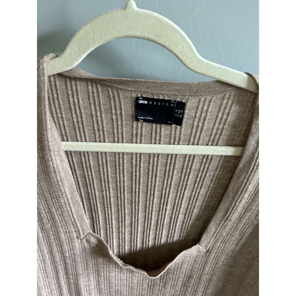 ASOS Womens Ribbed Knit Midi Dress Tan Taupe Square Neck Long Sleeve US 10 - Picture 3 of 3